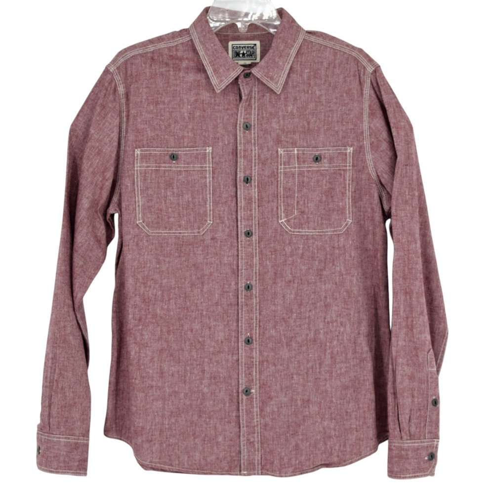 Converse One Star Mens M Long Sleeve Button Down Shirt Burgundy Heathered Linen